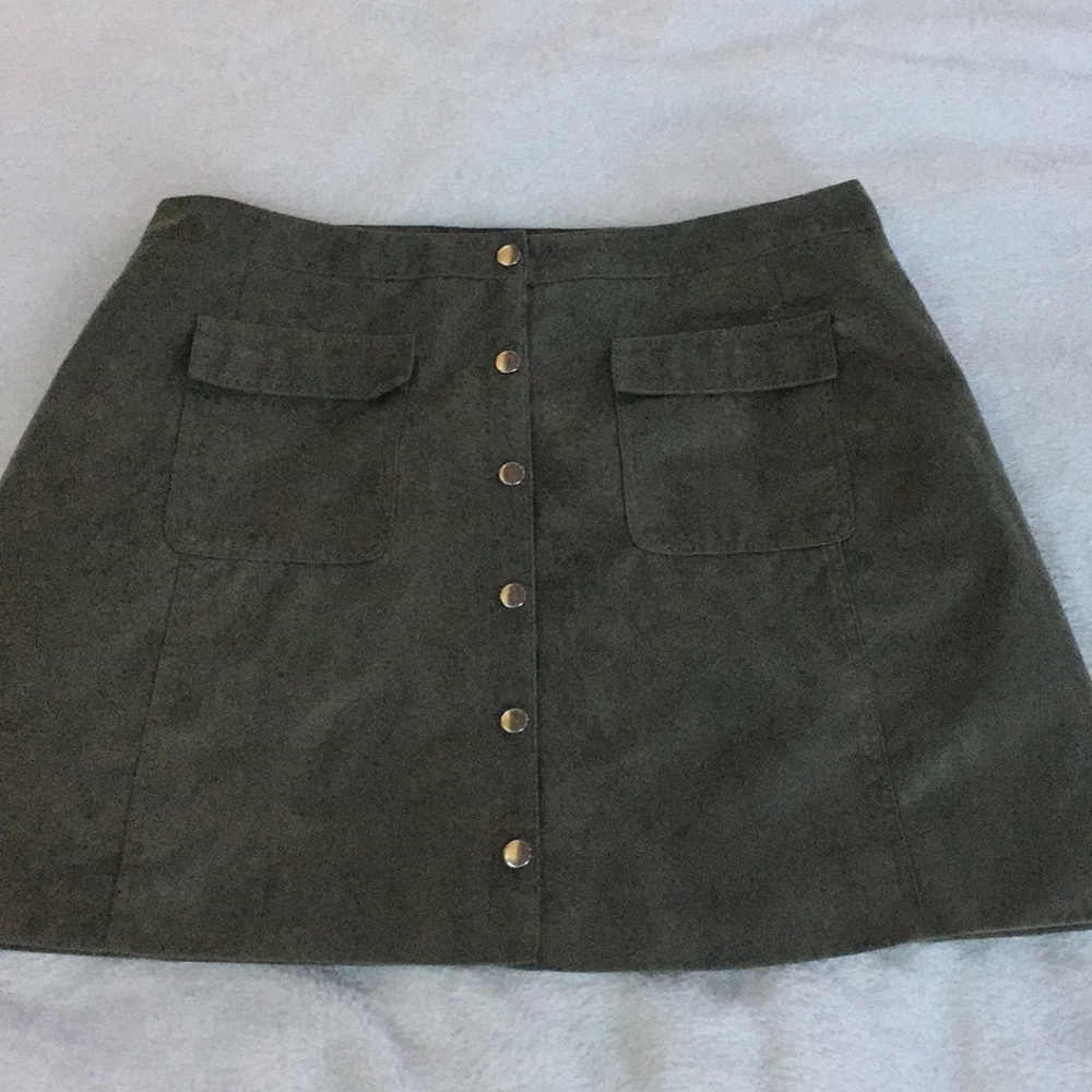 Suede olive button down skirt